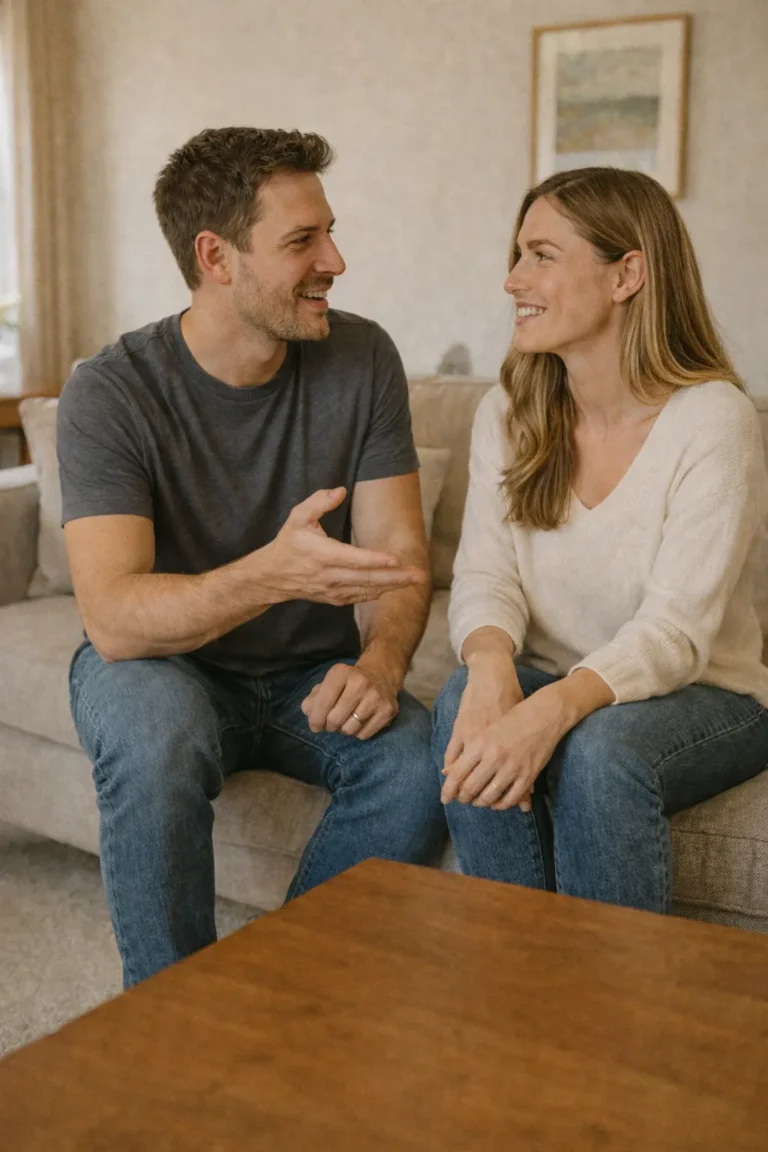 Couple sitting on a couch having a warm conversation about intimacy and how to talk about sex